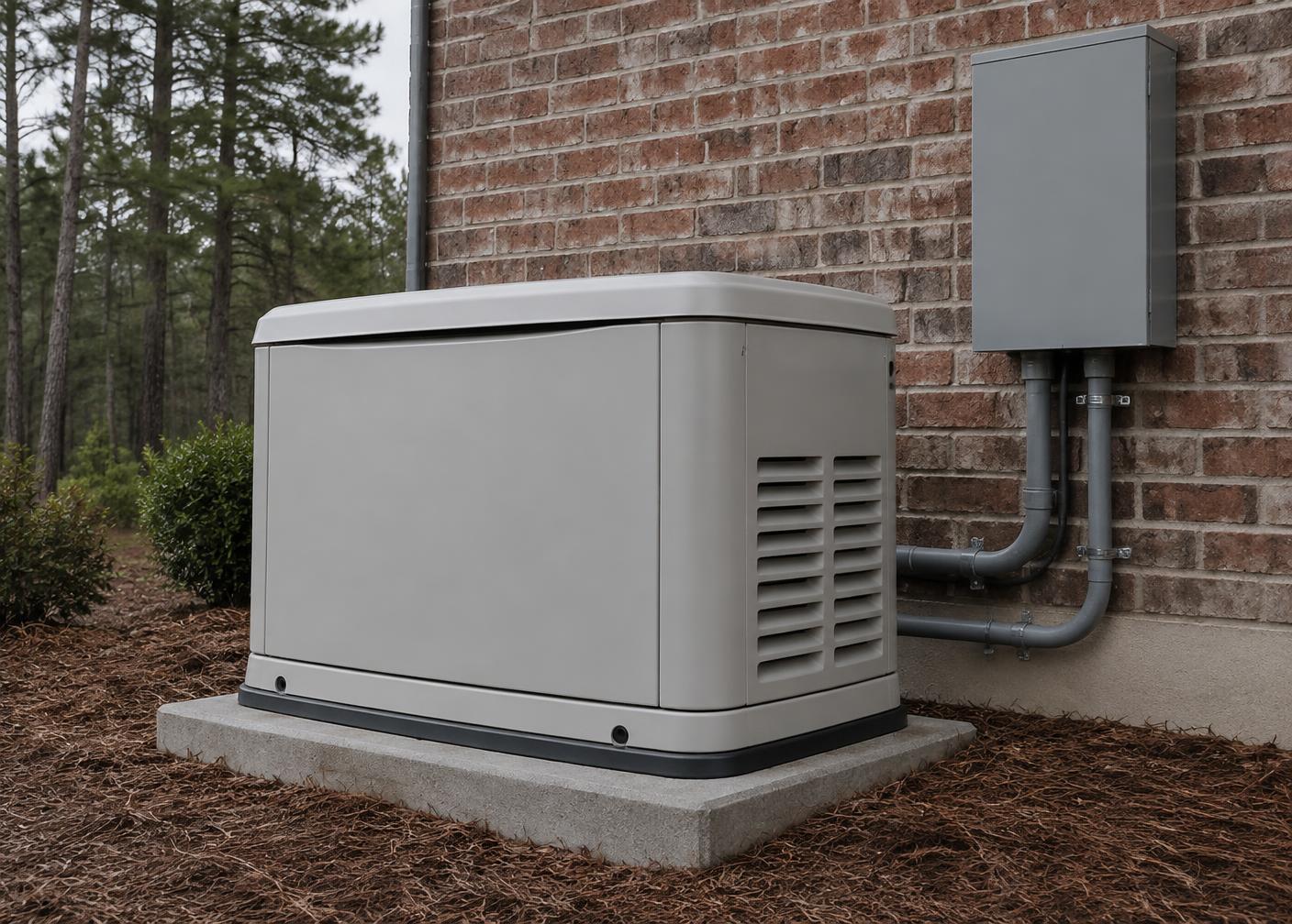 Standby generator on a concrete pad beside a brick wall with transfer switch and conduit