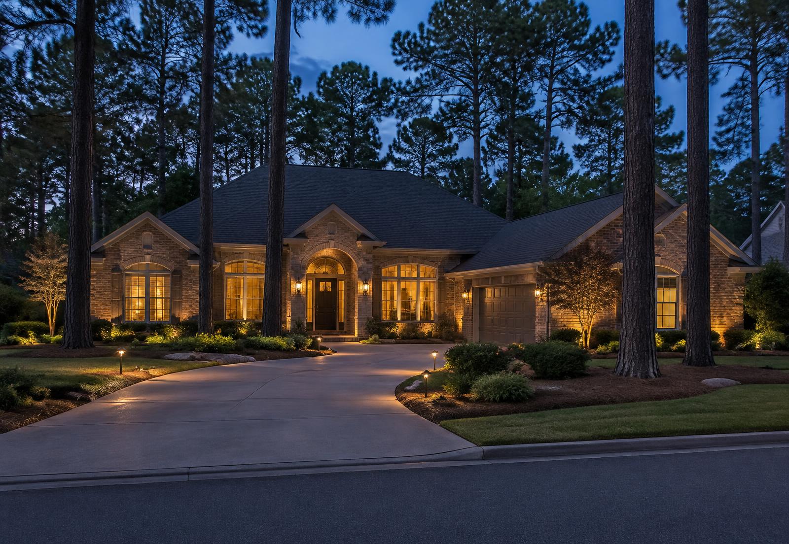 Brick home among pine trees at dusk with interior and landscape lighting on