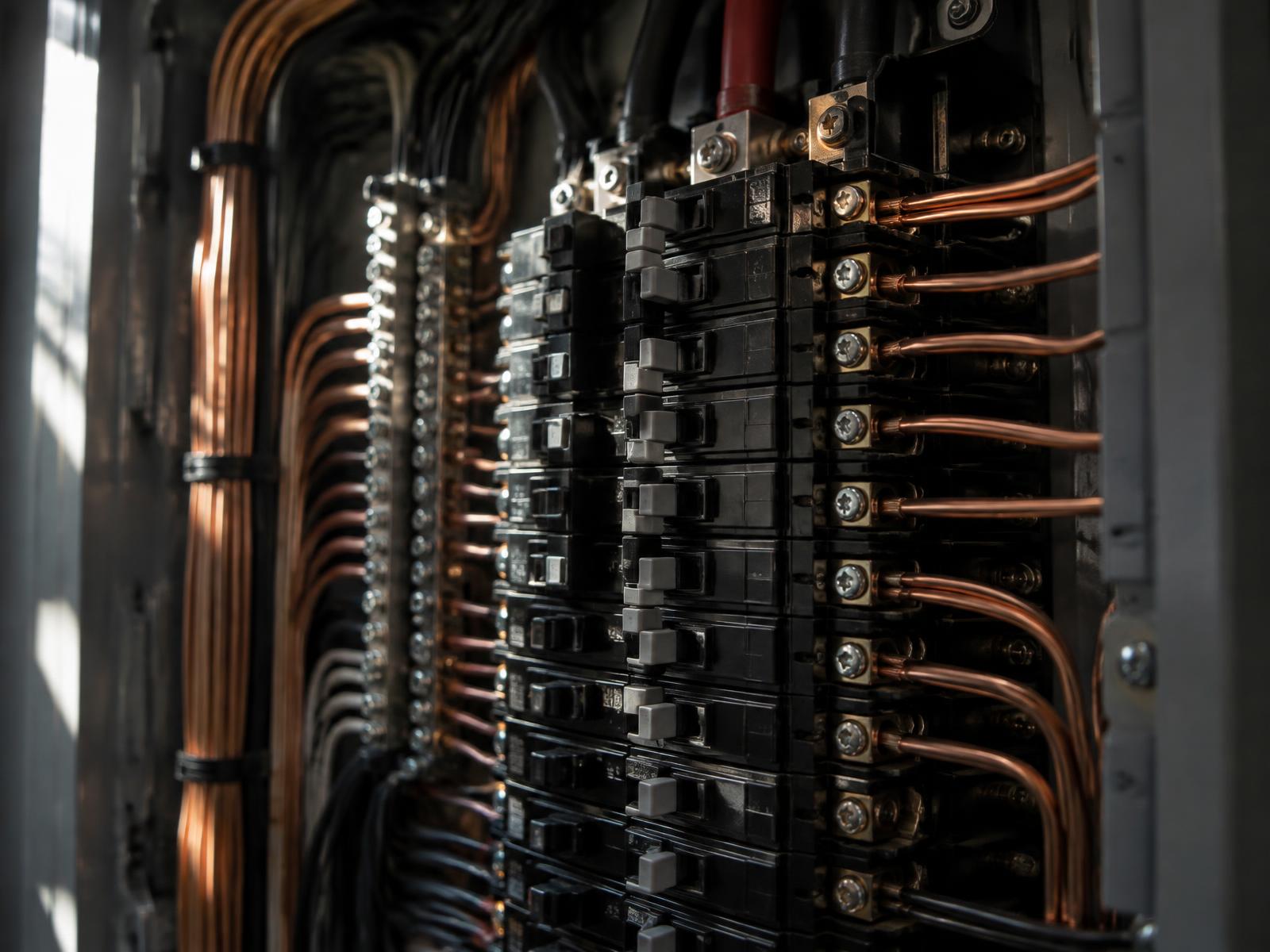 Interior of a residential breaker panel with neatly bent and terminated copper conductors